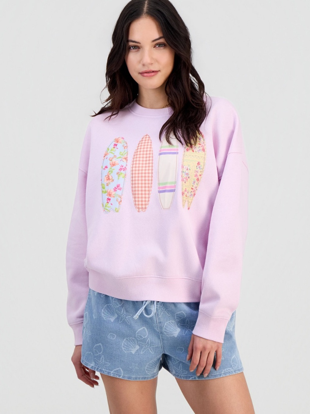 NWOT Self Esteem Juniors' Patchwork Surfboard Sweatshirt, Winsome Orchid